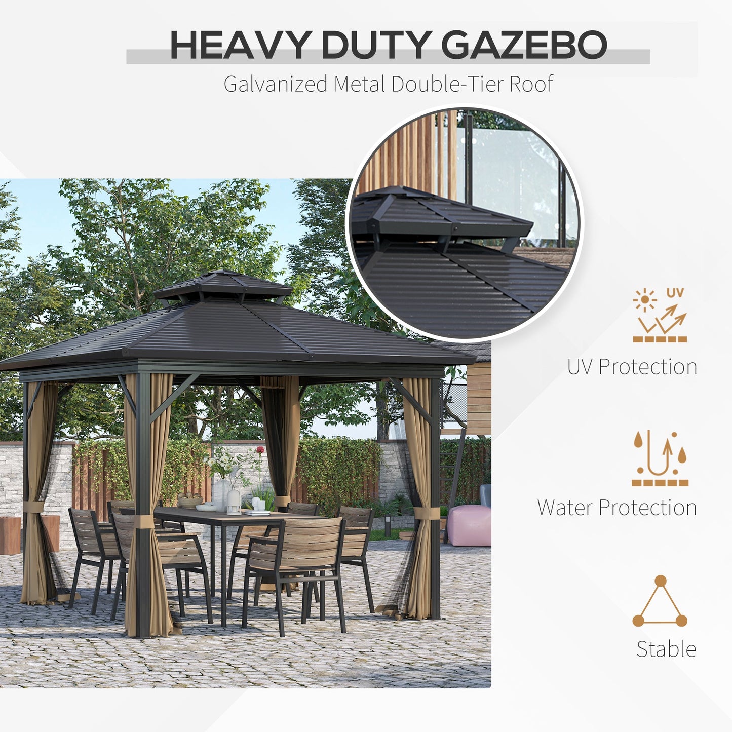-Outsunny 10' x 10' Hardtop Gazebo with Aluminum Frame, Double Roof Outdoor Gazebo Canopy, Curtains and Netting included for Garden, Backyard - Outdoor Style Company