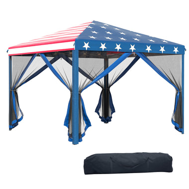 '-Outsunny 10' x 10' Heavy Duty Pop Up Canopy with Removable Mesh Sidewall Netting, Easy Setup Design, Party Event with Storage Bag, American Flag - Outdoor Style Company