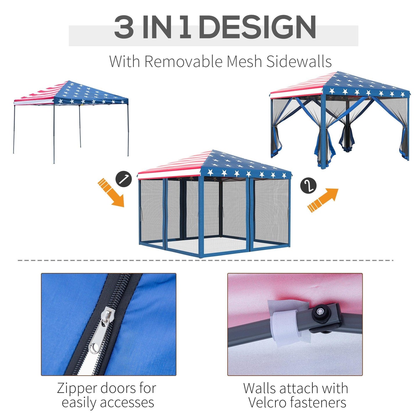 '-Outsunny 10' x 10' Heavy Duty Pop Up Canopy with Removable Mesh Sidewall Netting, Easy Setup Design, Party Event with Storage Bag, American Flag - Outdoor Style Company