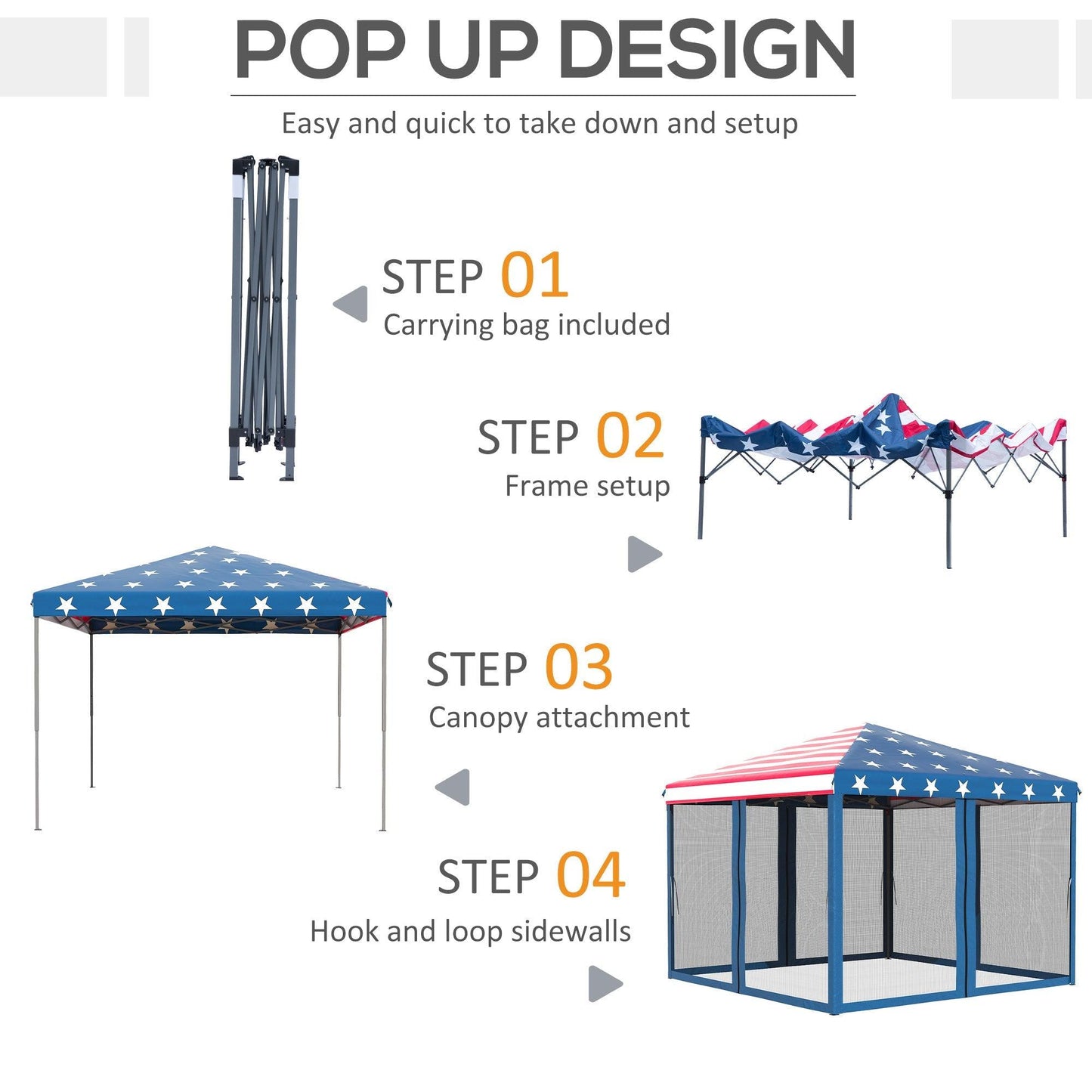 '-Outsunny 10' x 10' Heavy Duty Pop Up Canopy with Removable Mesh Sidewall Netting, Easy Setup Design, Party Event with Storage Bag, American Flag - Outdoor Style Company