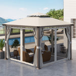 '-Outsunny 10' x 10' Patio Gazebo Outdoor Canopy Shelter with Aluminum Frame, Double Tier Roof, Netting and Curtains for Garden, Lawn, Cream White - Outdoor Style Company