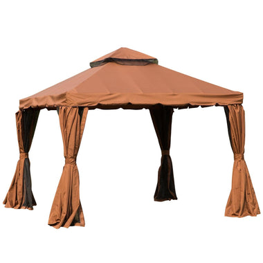 '-Outsunny 10' x 10' Patio Gazebo Outdoor Canopy Shelter with Double Vented Roof, Netting and Curtains for Garden, Lawn, Backyard and Deck, Brown - Outdoor Style Company