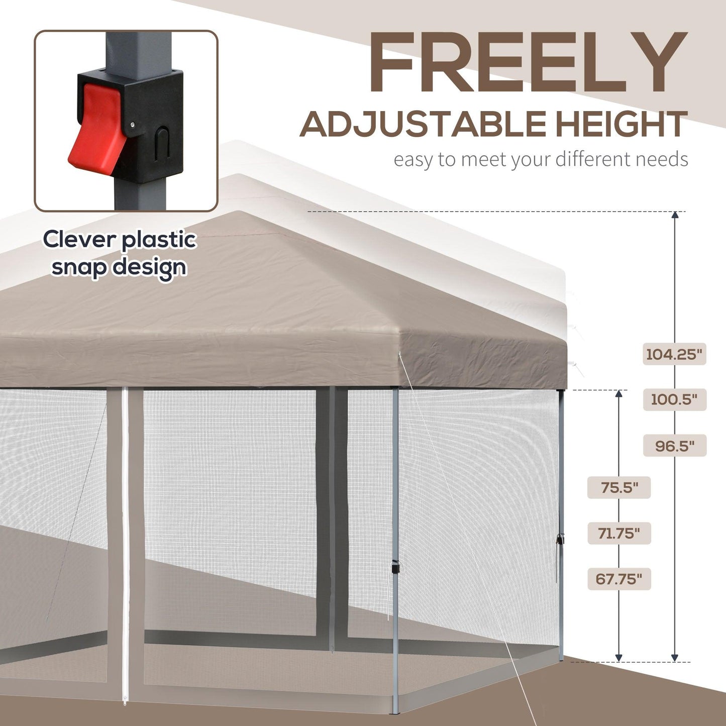 '-Outsunny 10' x 10' Pop Up Canopy Party Tent with 3-Level Adjustable Height, Easy Move Roller Bag, Khaki - Outdoor Style Company