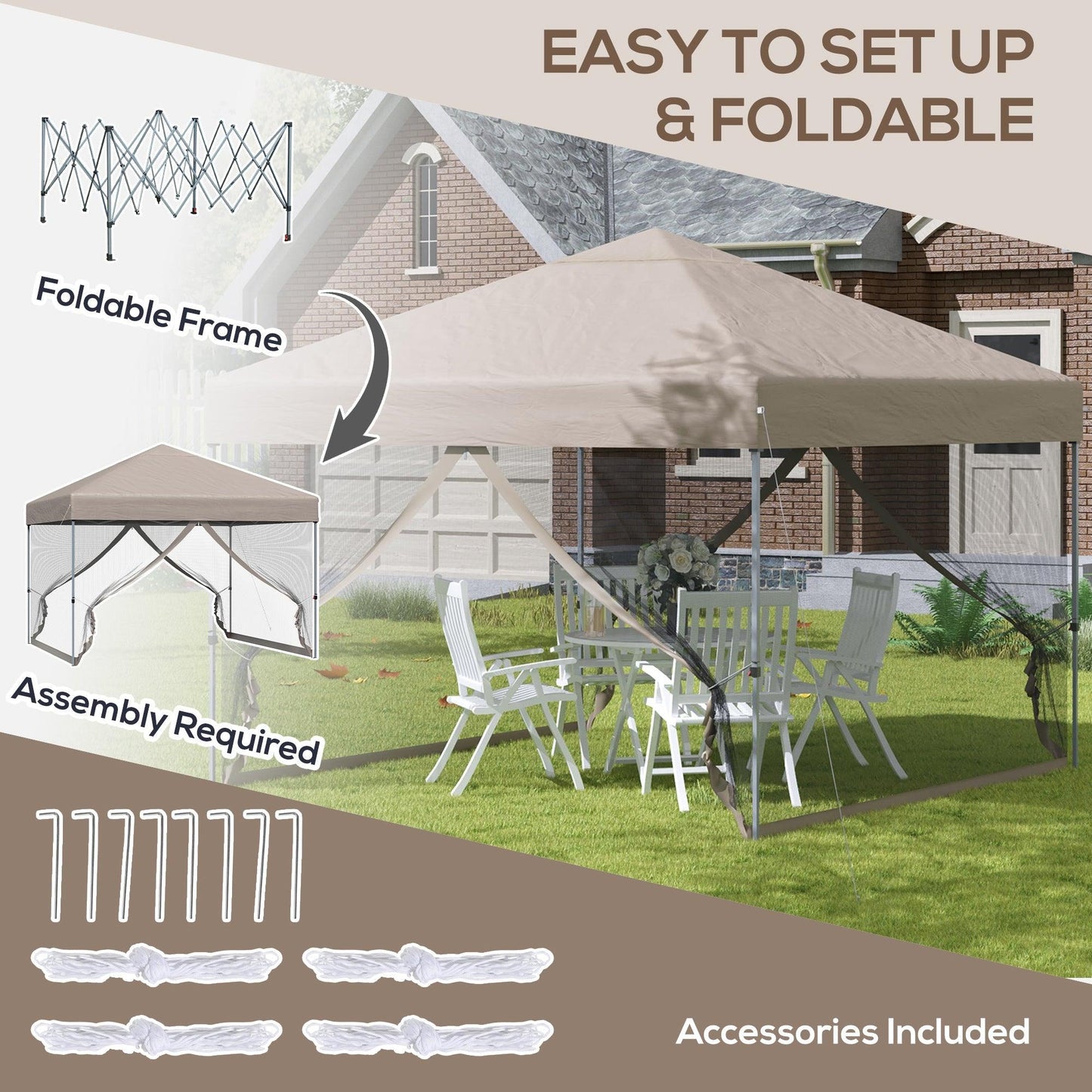 '-Outsunny 10' x 10' Pop Up Canopy Party Tent with 3-Level Adjustable Height, Easy Move Roller Bag, Khaki - Outdoor Style Company