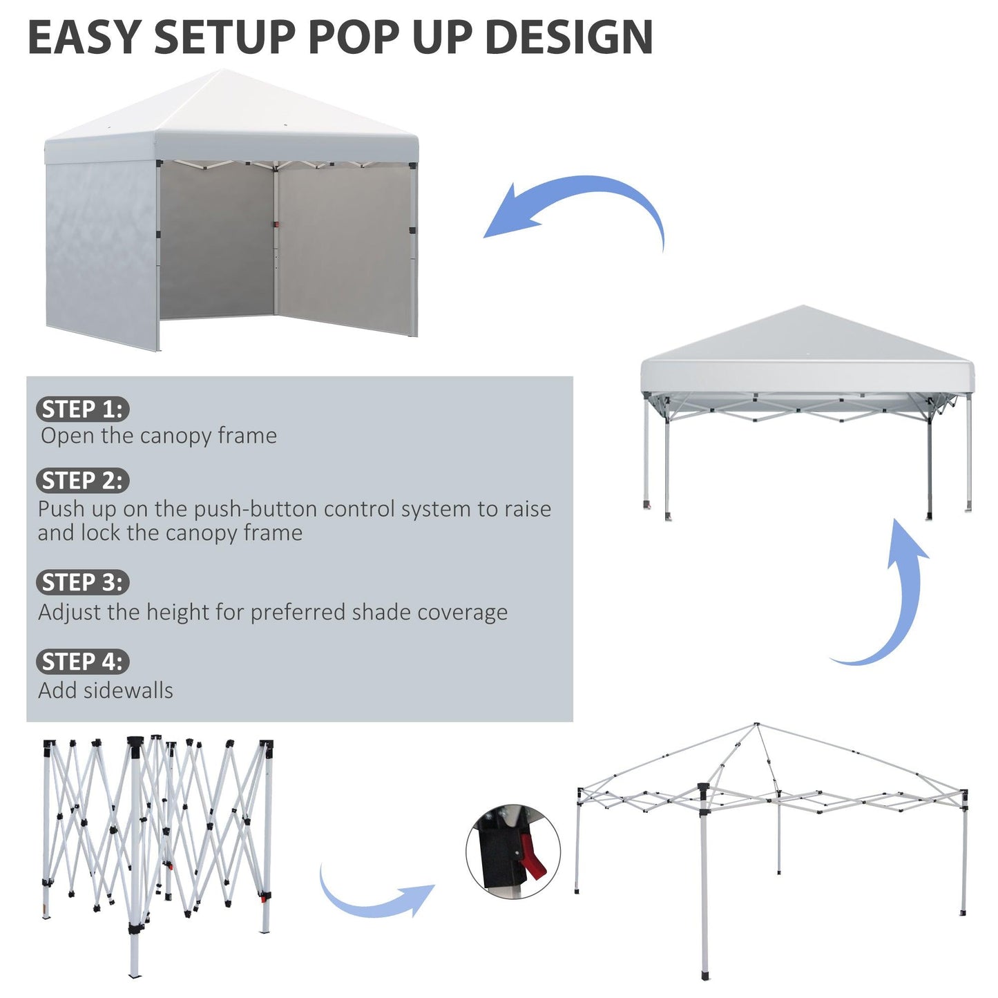 '-Outsunny 10' x 10' Pop Up Canopy with Leg Weight Bags, Carry Bag, 3 Sidewalls, Height Adjustable Party Tent Event Shelter Gazebo for Garden - Outdoor Style Company