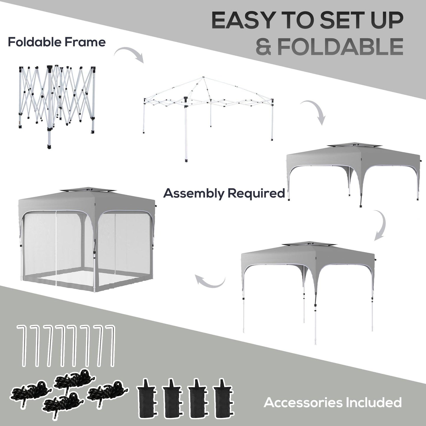 '-Outsunny 10' x 10' Pop Up Gazebo, Foldable Canopy Tent with Carrying Bag with Wheels, Mesh Sidewalls, 4 Leg Weight Bags and 3-Level Adjustable Height - Outdoor Style Company