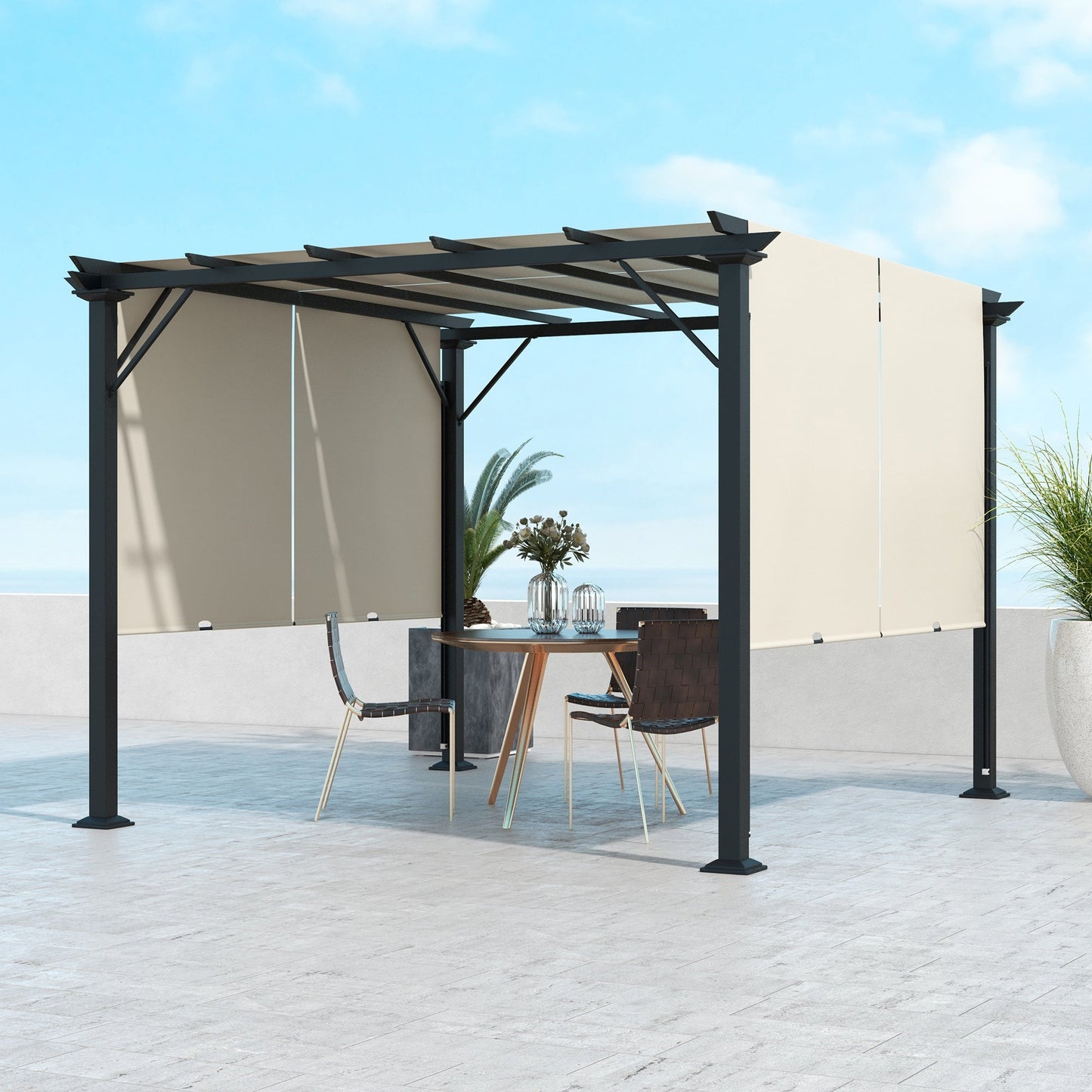 '-Outsunny 10' x 10' Retractable Pergola with Sun Shade Canopy, for Backyard, Garden, Patio, Deck, Beige - Outdoor Style Company