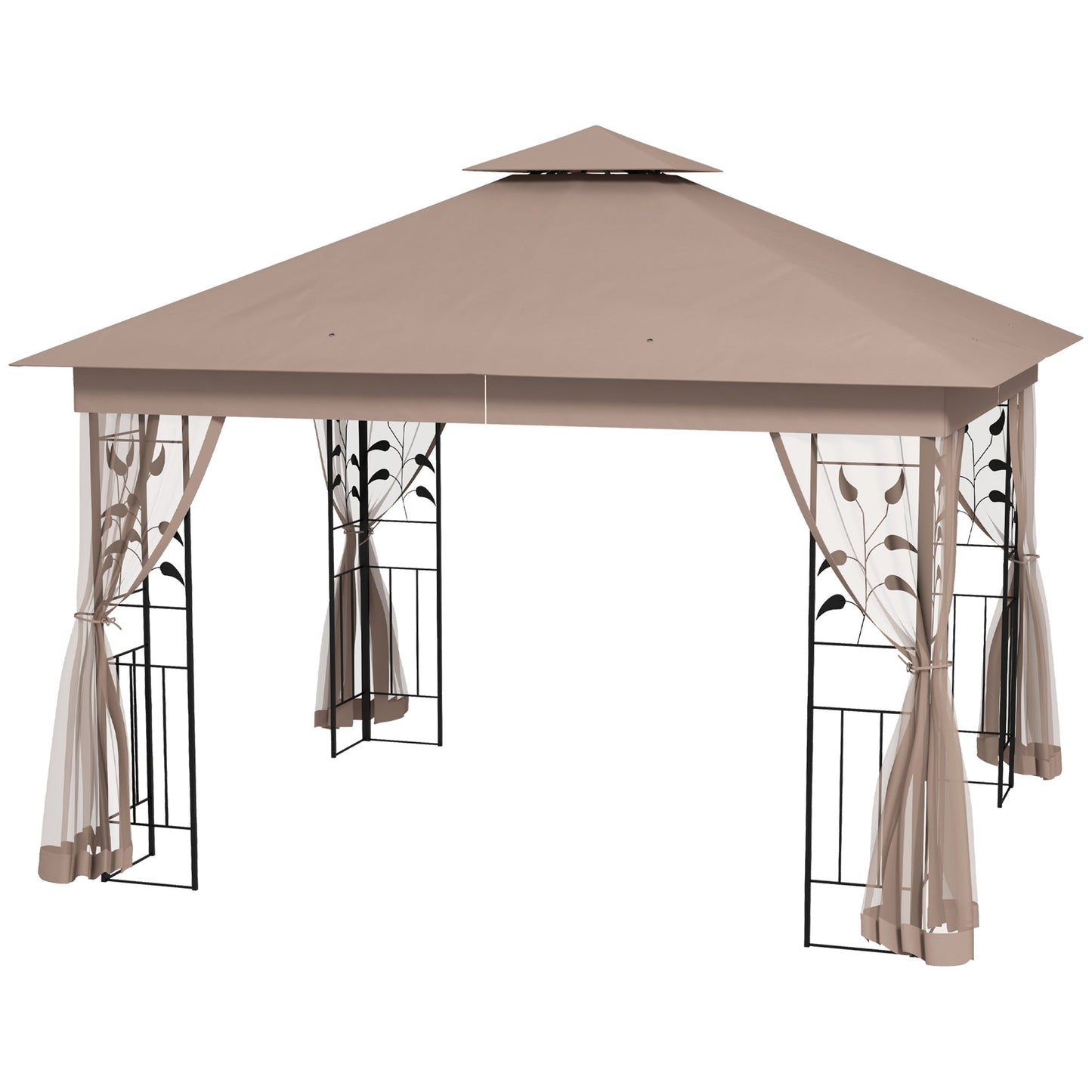 '-Outsunny 10' x 11.5'Â Metal Patio Gazebo, Double Roof Outdoor Gazebo Canopy Shelter w/Tree Motifs Corner Frame and Netting, Brown - Outdoor Style Company