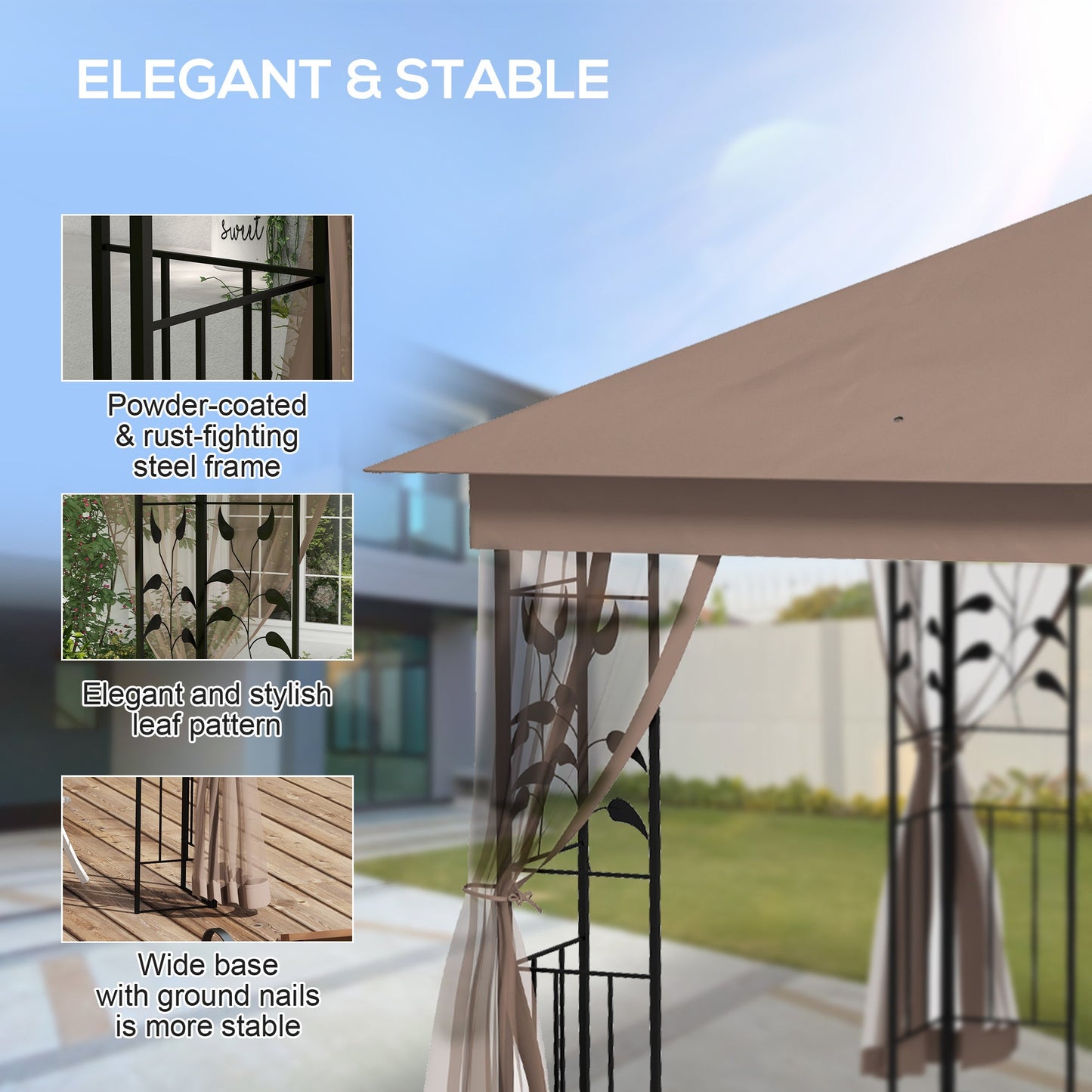 '-Outsunny 10' x 11.5'Â Metal Patio Gazebo, Double Roof Outdoor Gazebo Canopy Shelter w/Tree Motifs Corner Frame and Netting, Brown - Outdoor Style Company