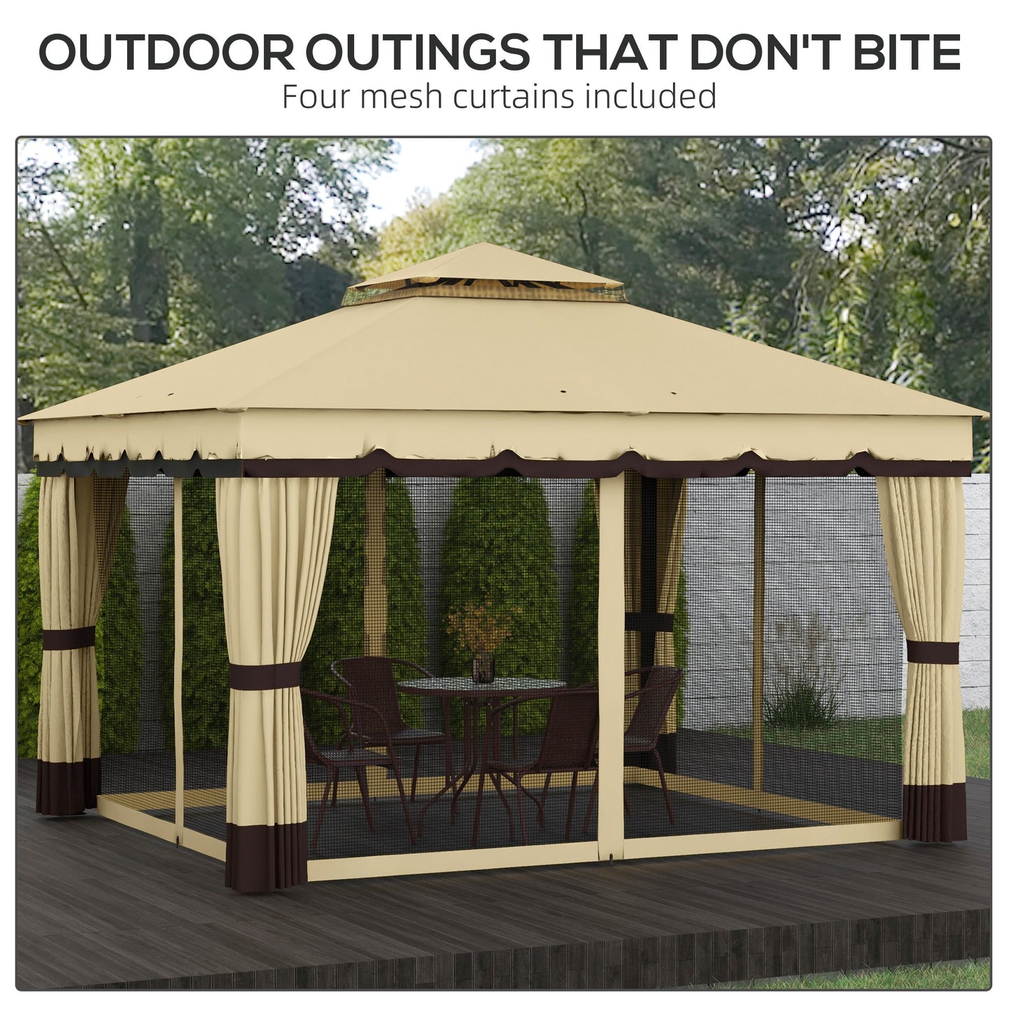 '-Outsunny 10' x 12' Double Roof Patio Gazebo Canopy, Outdoor Gazebo Shelter with Netting & Curtains, for Garden, Lawn and Deck - Outdoor Style Company