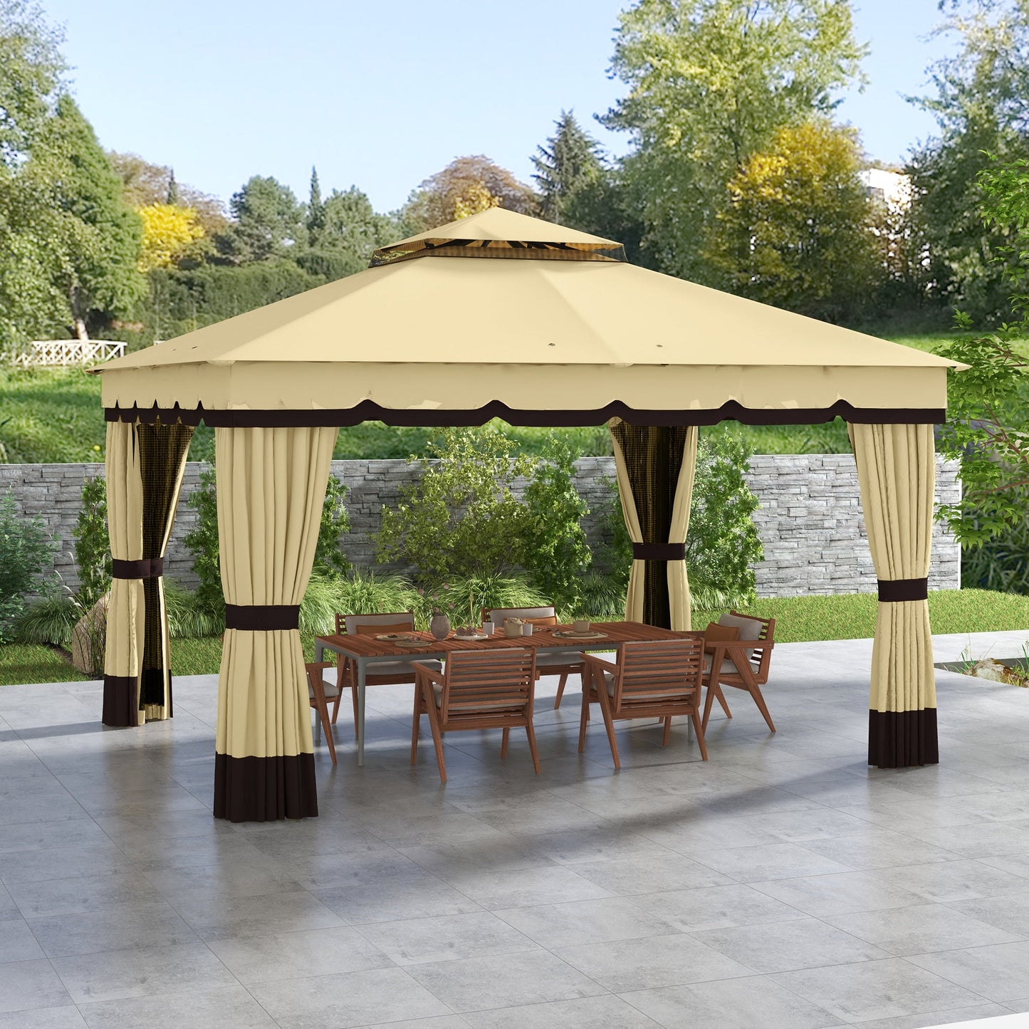 '-Outsunny 10' x 12' Double Roof Patio Gazebo Canopy, Outdoor Gazebo Shelter with Netting & Curtains, for Garden, Lawn and Deck - Outdoor Style Company