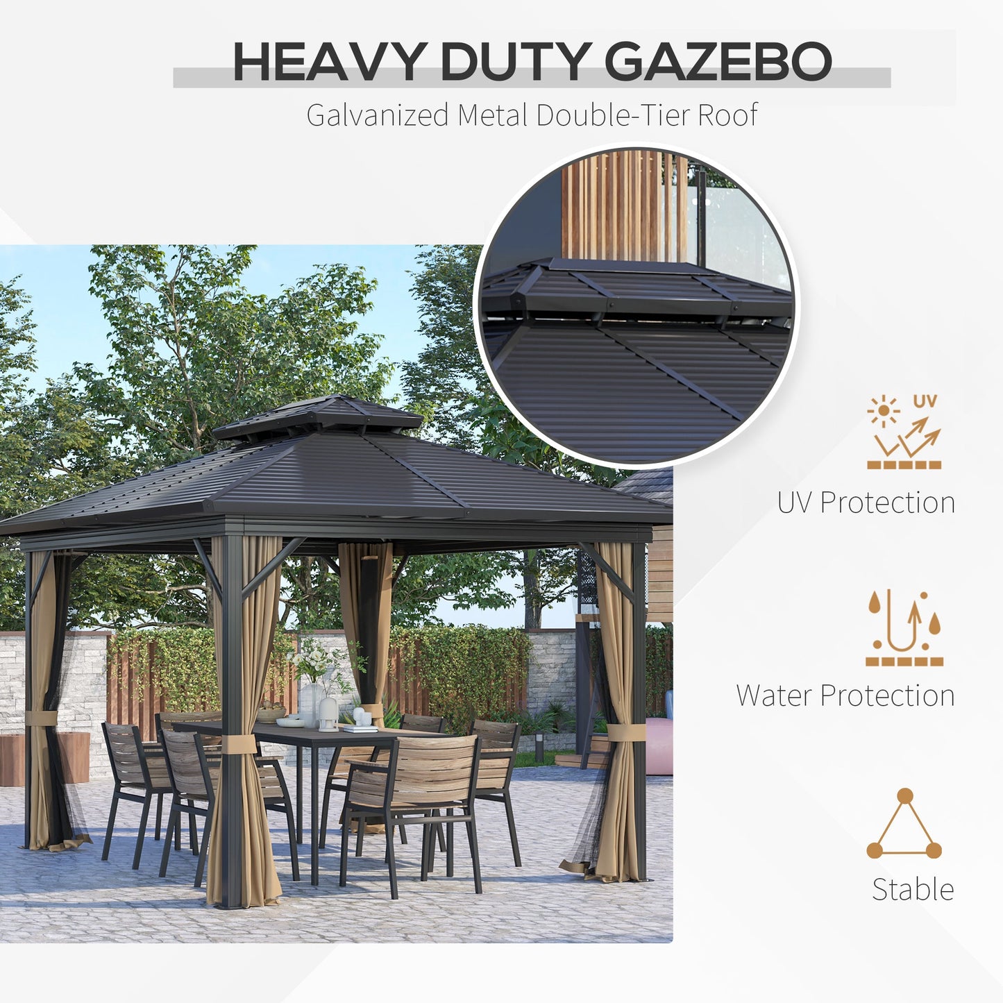 '-Outsunny 10' x 12' Hardtop Gazebo, Metal Roof Gazebo Canopy w/ Hook, Curtains and Netting included, Aluminum Frame, Dark Brown - Outdoor Style Company