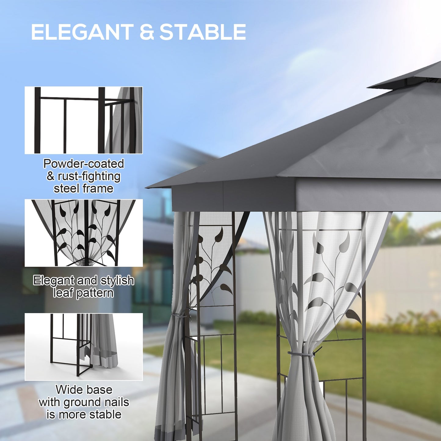 '-Outsunny 10' x 12' Metal Patio Gazebo, Double Roof Outdoor Gazebo Canopy Shelter with Tree Motifs Corner Frame and Netting, Gray - Outdoor Style Company