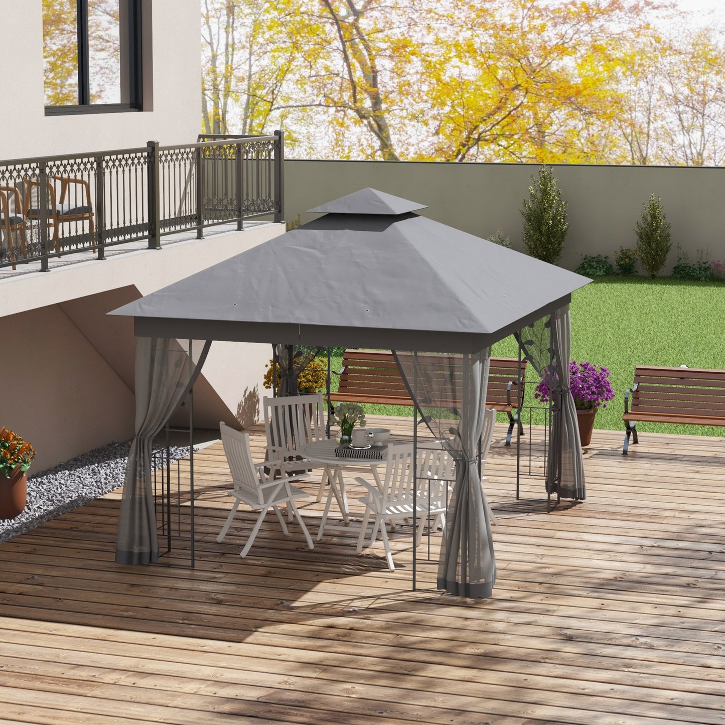 '-Outsunny 10' x 12' Metal Patio Gazebo, Double Roof Outdoor Gazebo Canopy Shelter with Tree Motifs Corner Frame and Netting, Gray - Outdoor Style Company