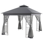 '-Outsunny 10' x 12' Metal Patio Gazebo, Double Roof Outdoor Gazebo Canopy Shelter with Tree Motifs Corner Frame and Netting, Gray - Outdoor Style Company