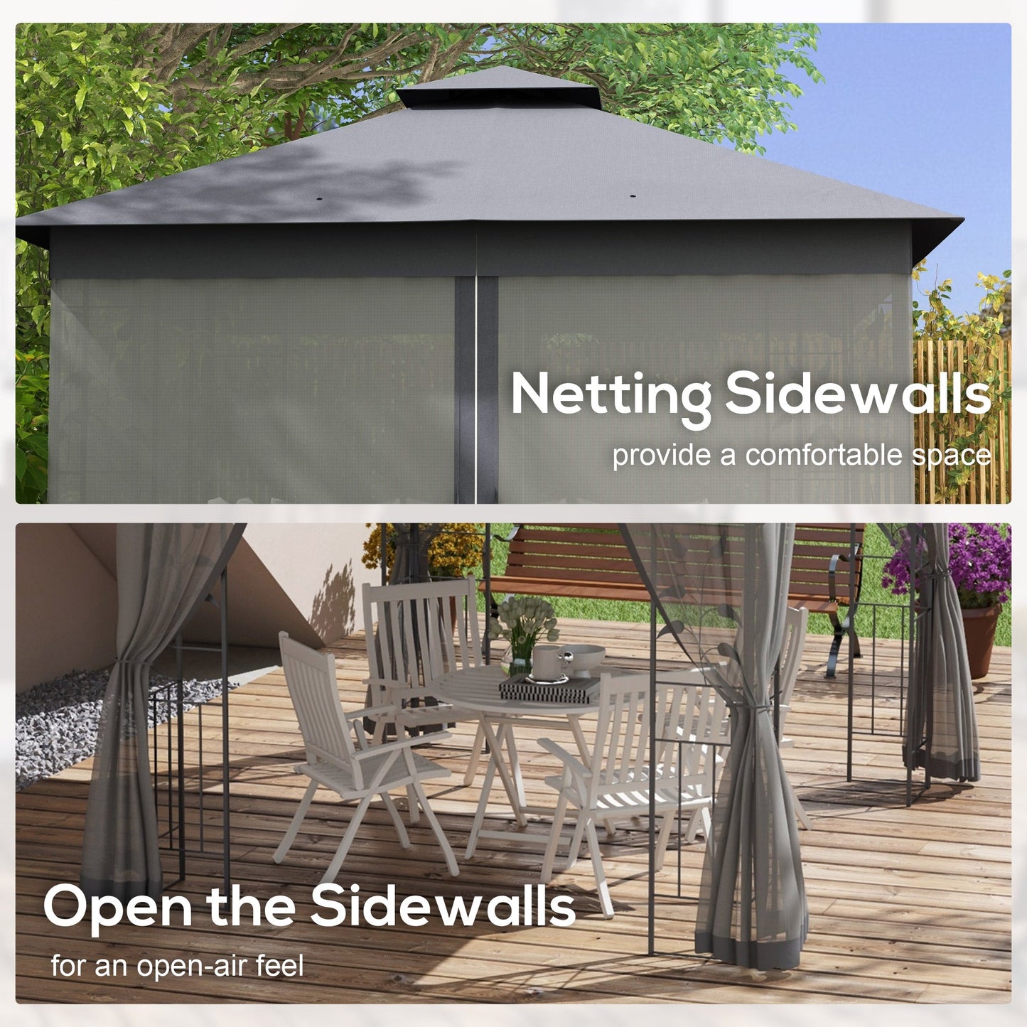 '-Outsunny 10' x 12' Metal Patio Gazebo, Double Roof Outdoor Gazebo Canopy Shelter with Tree Motifs Corner Frame and Netting, Gray - Outdoor Style Company