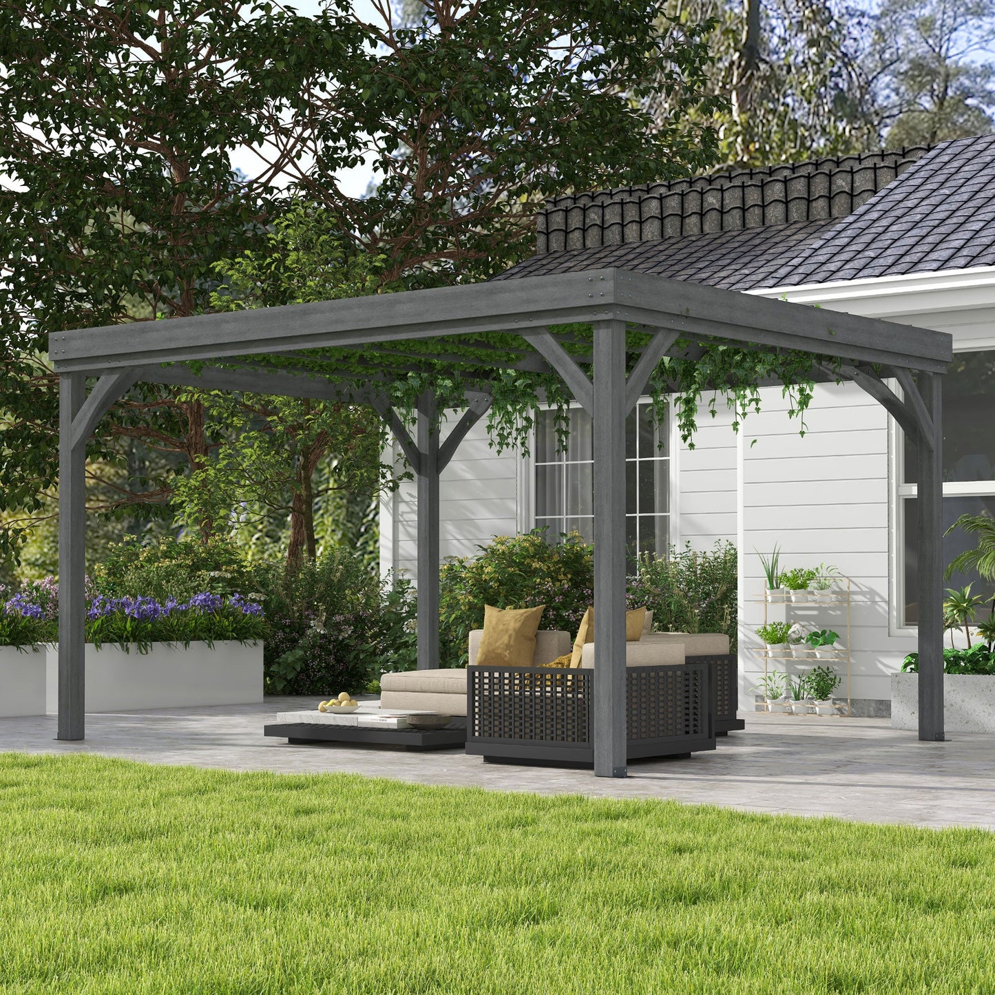 '-Outsunny 10' x 12' Outdoor Wood Pergola Gazebo Grape Trellis with Stable Structure and Concrete Anchors, Gray - Outdoor Style Company