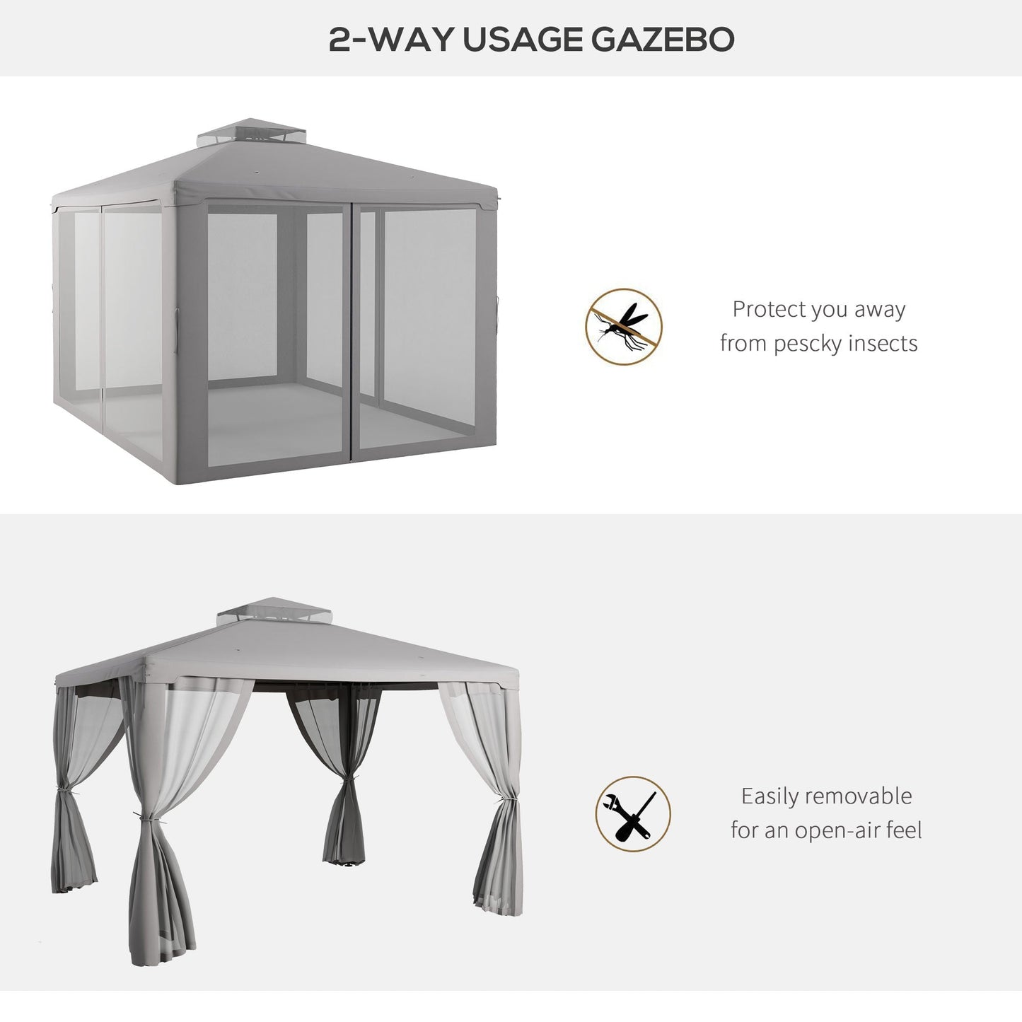 -Outsunny 10' x 12' Patio Gazebo Outdoor Canopy Shelter with 2-Tier Roof and Netting, Steel Frame for Garden, Gray - Outdoor Style Company