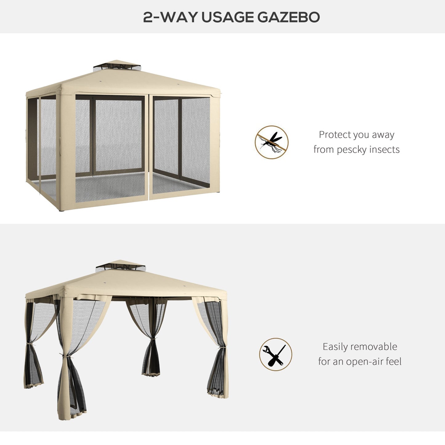 -Outsunny 10' x 12' Patio Gazebo Outdoor Canopy Shelter with 2-Tier Roof and Netting, Steel Frame for Garden, Taupe - Outdoor Style Company
