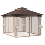 -Outsunny 10' x 12' Patio Gazebo Outdoor Canopy Shelter with Double Tier Roof and Nettings for Garden Lawn Backyard Deck, Brown - Outdoor Style Company