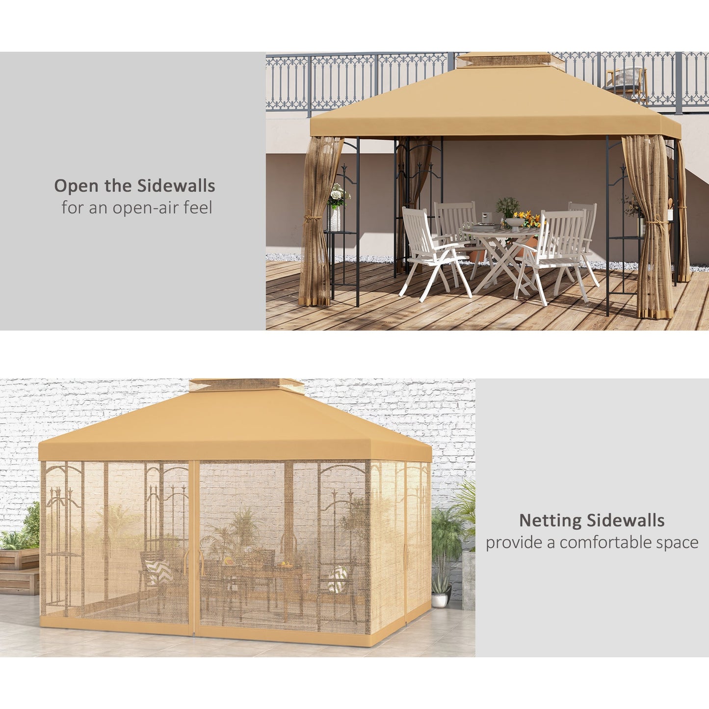 '-Outsunny 10' x 12' Patio Gazebo with Corner Frame Shelves, Double Roof Outdoor Gazebo Canopy Shelter with Netting, Brown - Outdoor Style Company