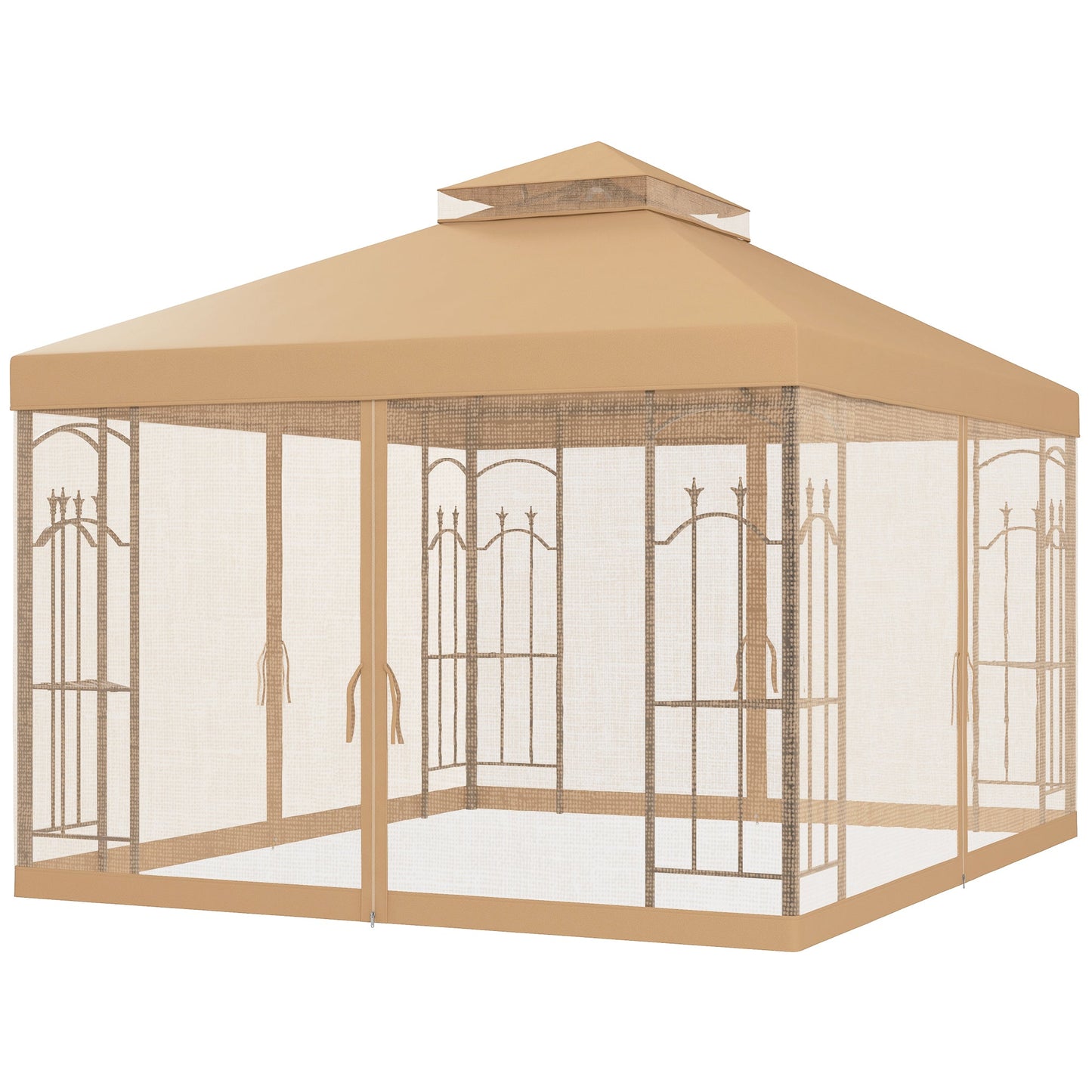 '-Outsunny 10' x 12' Patio Gazebo with Corner Frame Shelves, Double Roof Outdoor Gazebo Canopy Shelter with Netting, Brown - Outdoor Style Company