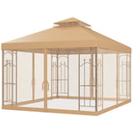 '-Outsunny 10' x 12' Patio Gazebo with Corner Frame Shelves, Double Roof Outdoor Gazebo Canopy Shelter with Netting, Brown - Outdoor Style Company