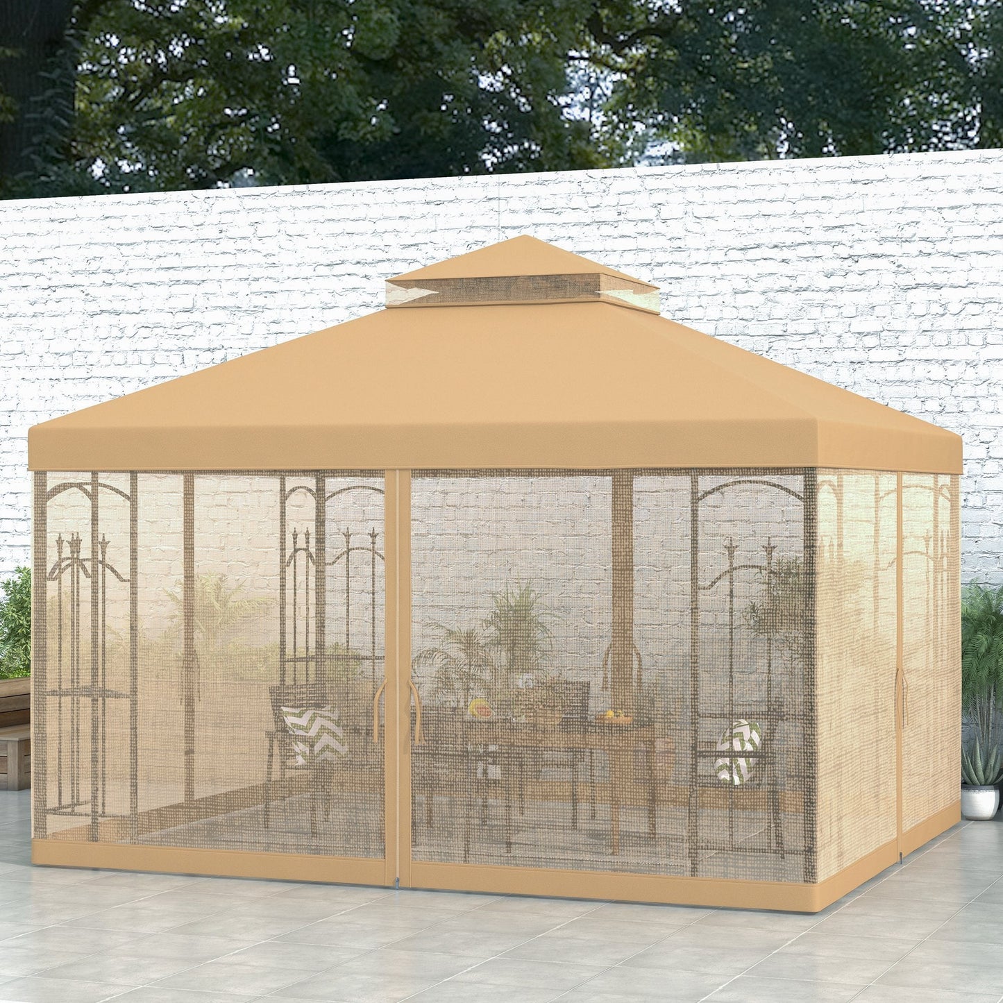 '-Outsunny 10' x 12' Patio Gazebo with Corner Frame Shelves, Double Roof Outdoor Gazebo Canopy Shelter with Netting, Brown - Outdoor Style Company