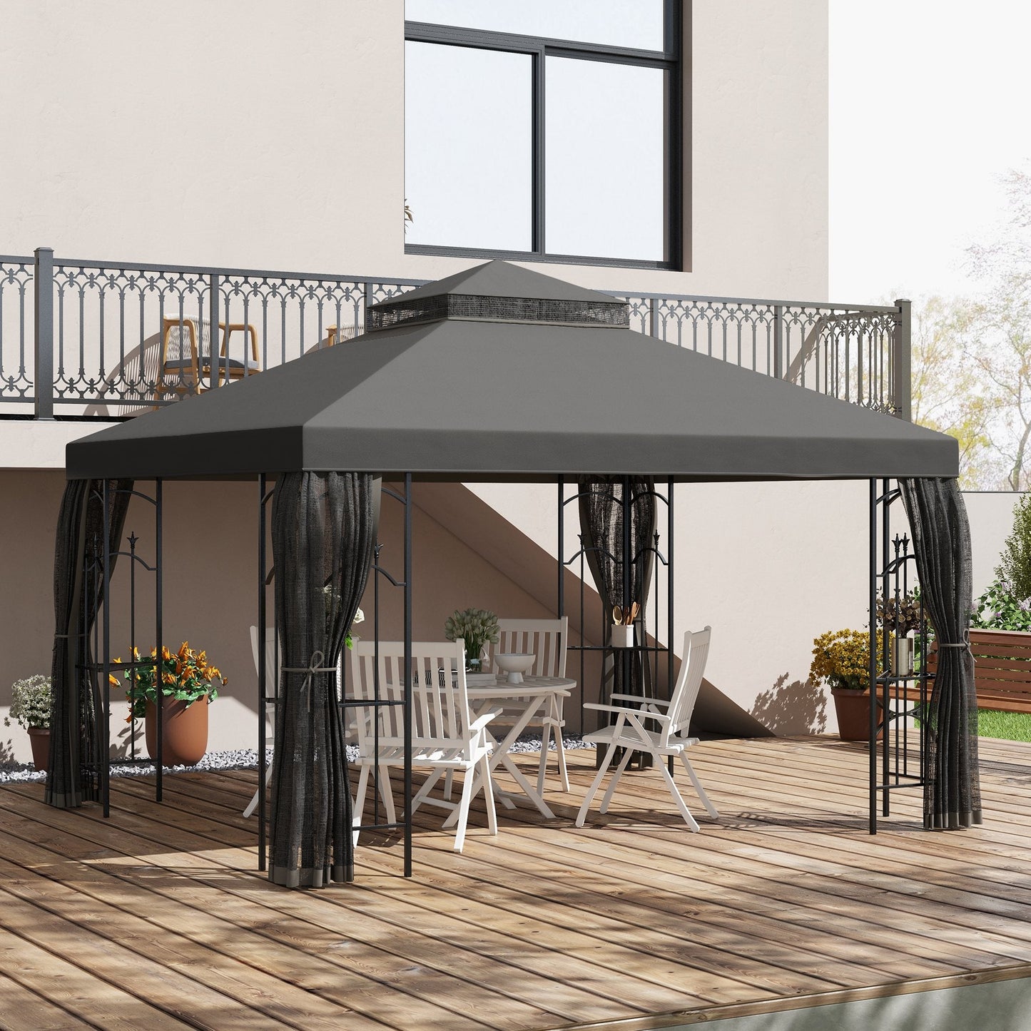 '-Outsunny 10' x 12' Patio Gazebo with Corner Frame Shelves, Double Roof Outdoor Gazebo Canopy Shelter with Netting, Gray - Outdoor Style Company