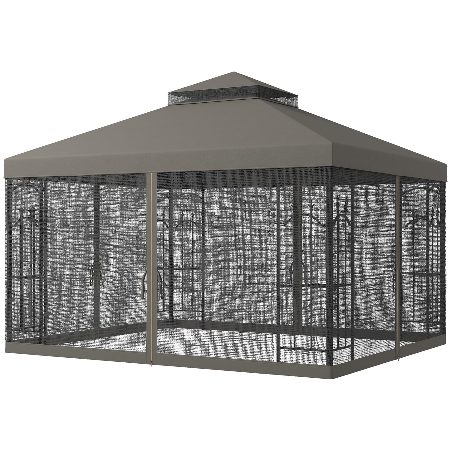 '-Outsunny 10' x 12' Patio Gazebo with Corner Frame Shelves, Double Roof Outdoor Gazebo Canopy Shelter with Netting, Gray - Outdoor Style Company