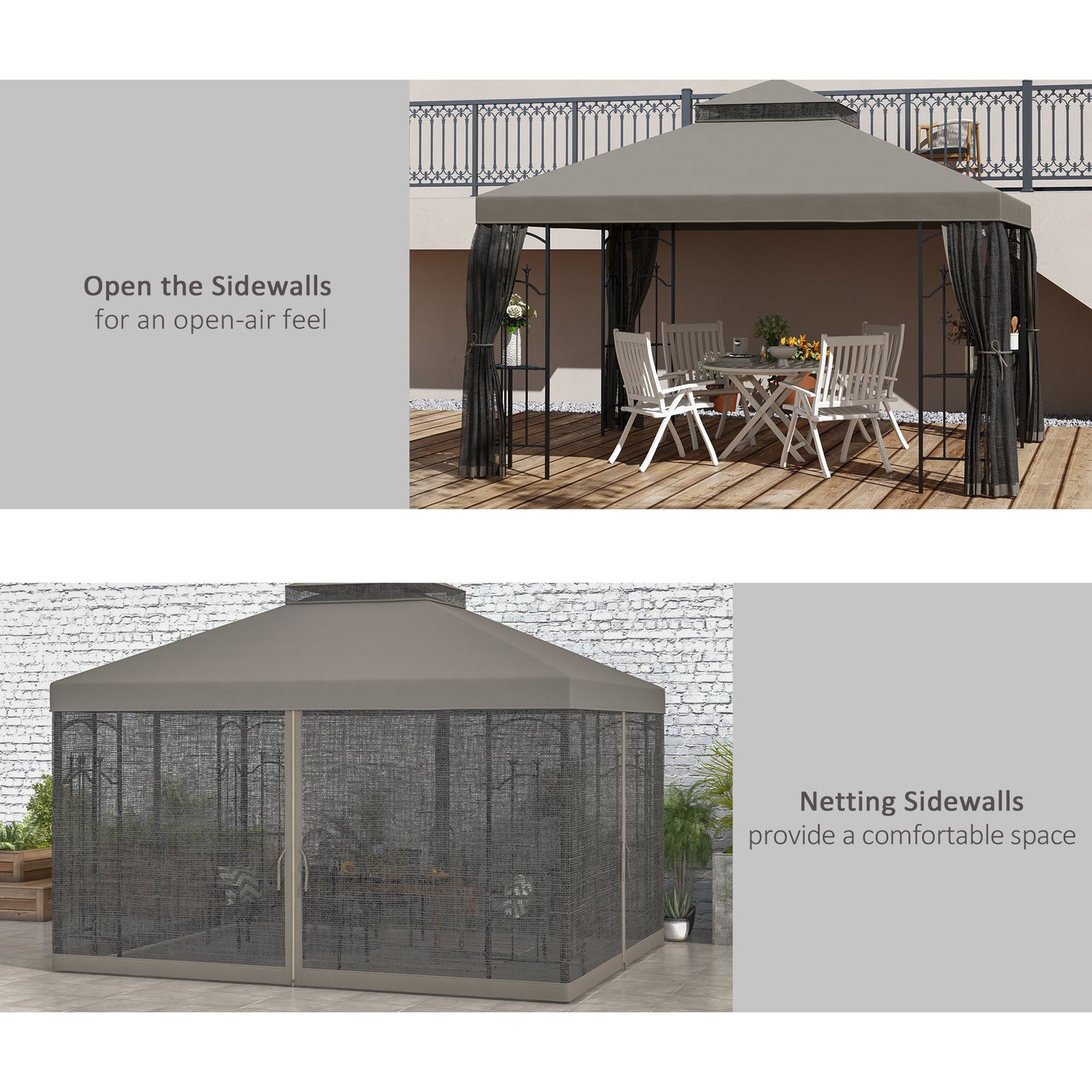 '-Outsunny 10' x 12' Patio Gazebo with Corner Frame Shelves, Double Roof Outdoor Gazebo Canopy Shelter with Netting, Gray - Outdoor Style Company