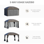 '-Outsunny 10' x 13' Hardtop Gazebo with Curtains, Netting, Pavilion with Steel Roof Ceiling Hook for Garden Patio, Gray - Outdoor Style Company