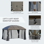 '-Outsunny 10' x 13' Hardtop Gazebo with Curtains, Netting, Pavilion with Steel Roof Ceiling Hook for Garden Patio, Gray - Outdoor Style Company