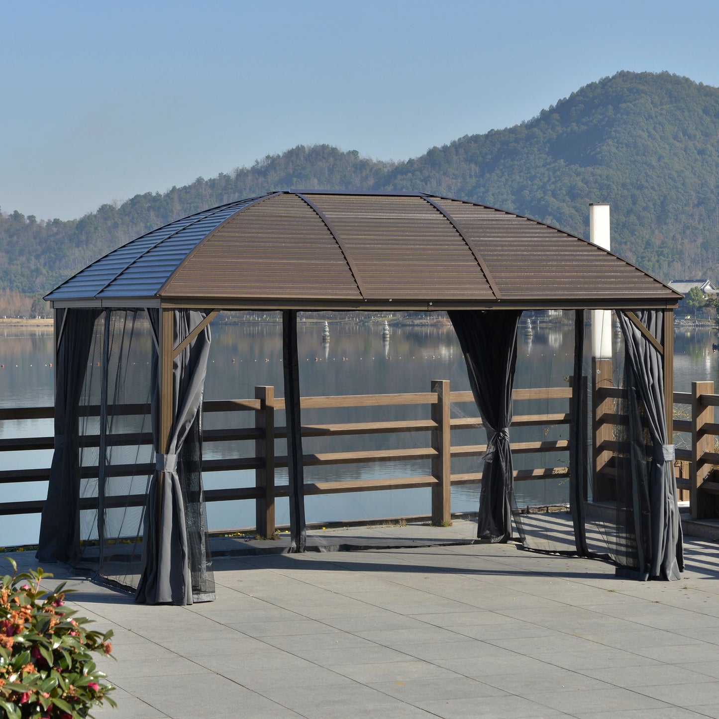 '-Outsunny 10' x 13' Hardtop Gazebo with Curtains, Netting, Pavilion with Steel Roof Ceiling Hook for Garden Patio, Gray - Outdoor Style Company