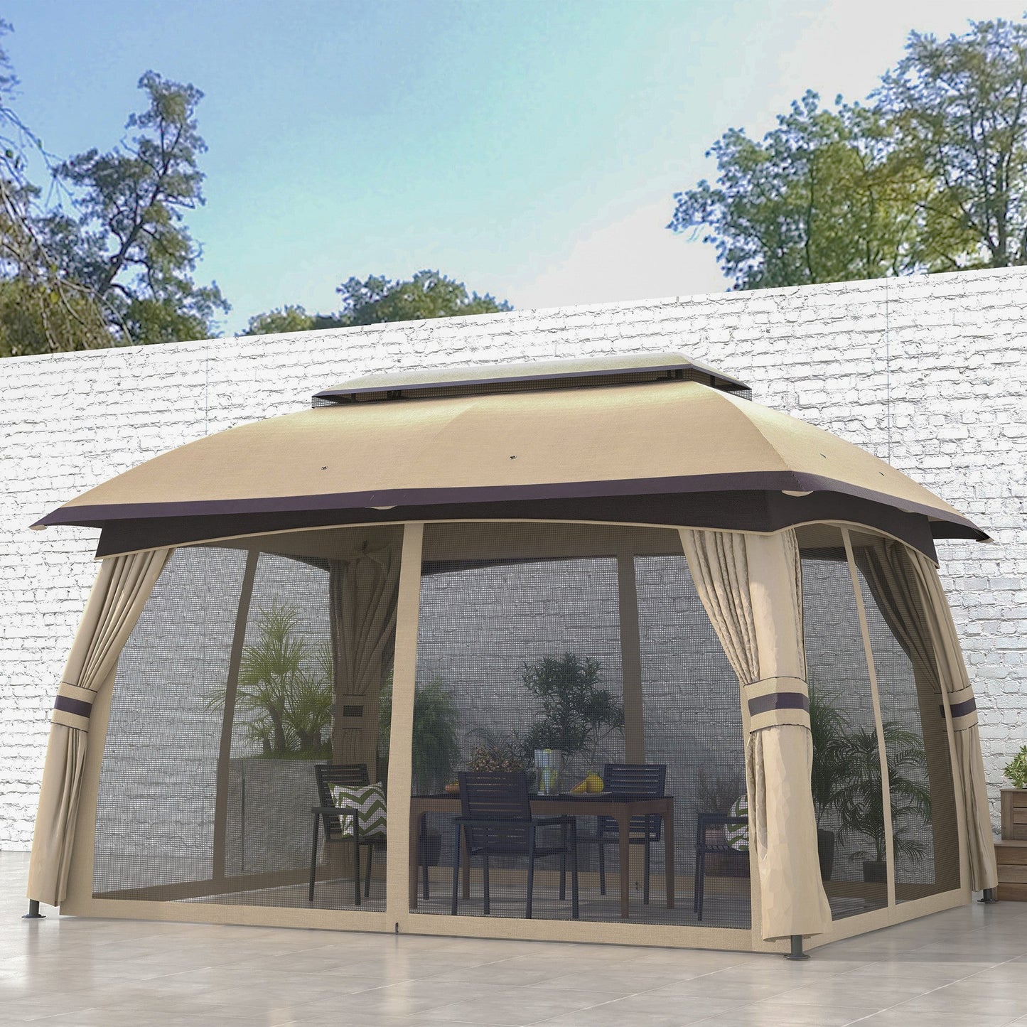 '-Outsunny 10' x 13' Patio Gazebo, Outdoor Gazebo Canopy Shelter with Netting, Vented Roof for Garden Beige - Outdoor Style Company