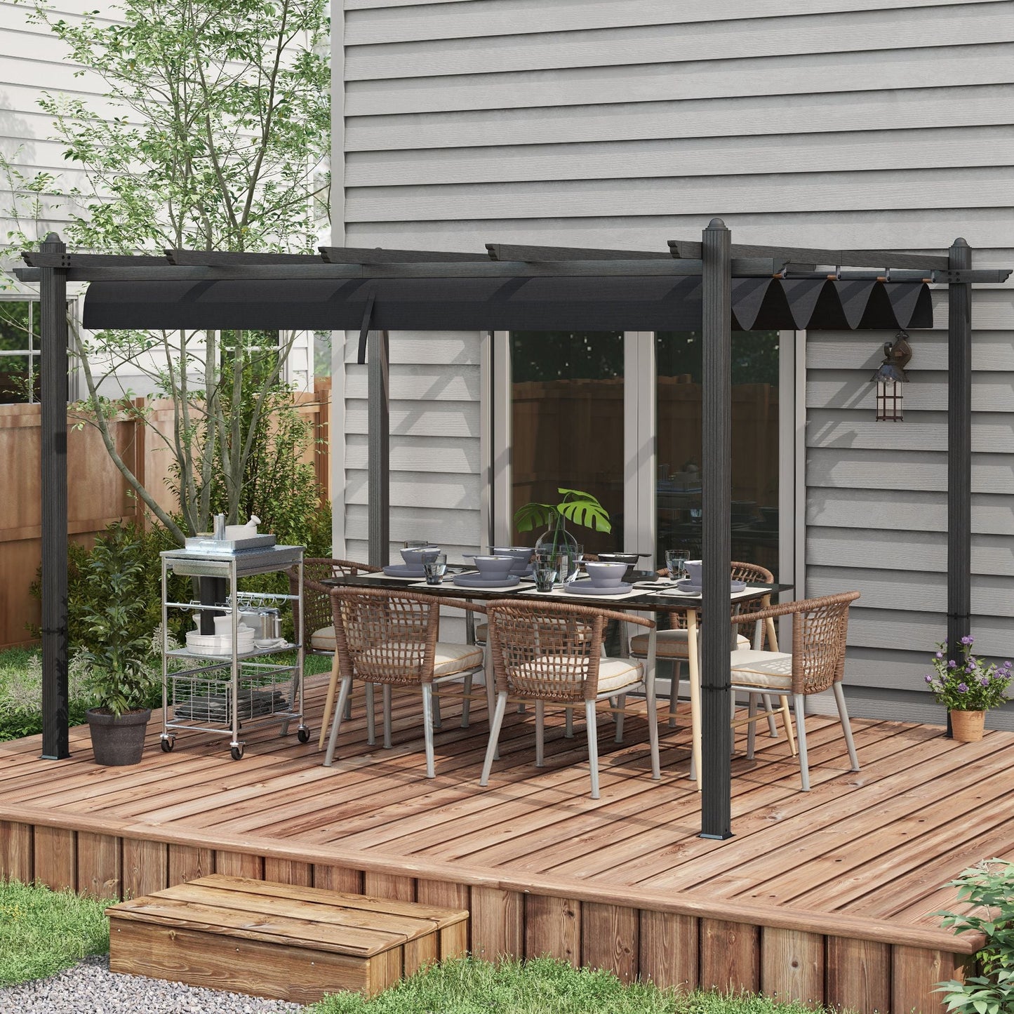 '-Outsunny 10' x 13' Retractable Pergola Canopy, Aluminum Pergola Sun Shade Shelter for Garden, Patio, Backyard, Deck, Gray - Outdoor Style Company