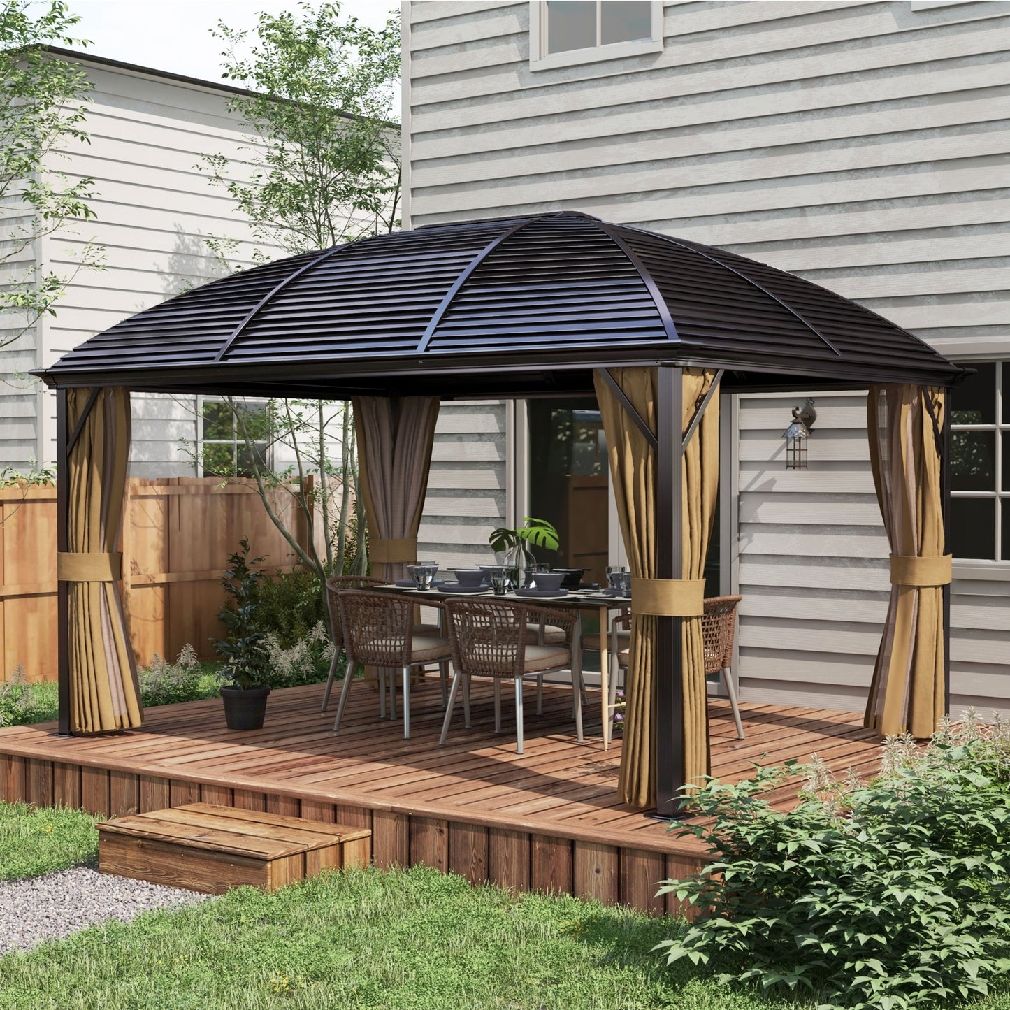 '-Outsunny 10' x 14' Hardtop Gazebo with Curtains, Netting, Pavilion with Steel Roof Ceiling Hook for Garden Patio, Brown - Outdoor Style Company