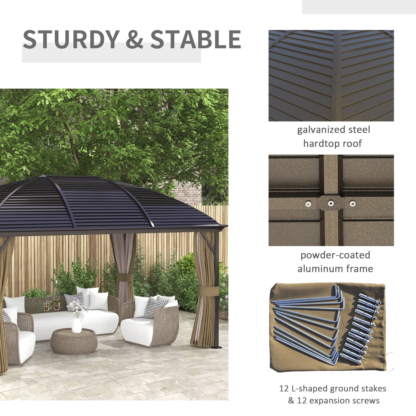 '-Outsunny 10' x 14' Hardtop Gazebo with Curtains, Netting, Pavilion with Steel Roof Ceiling Hook for Garden Patio, Brown - Outdoor Style Company