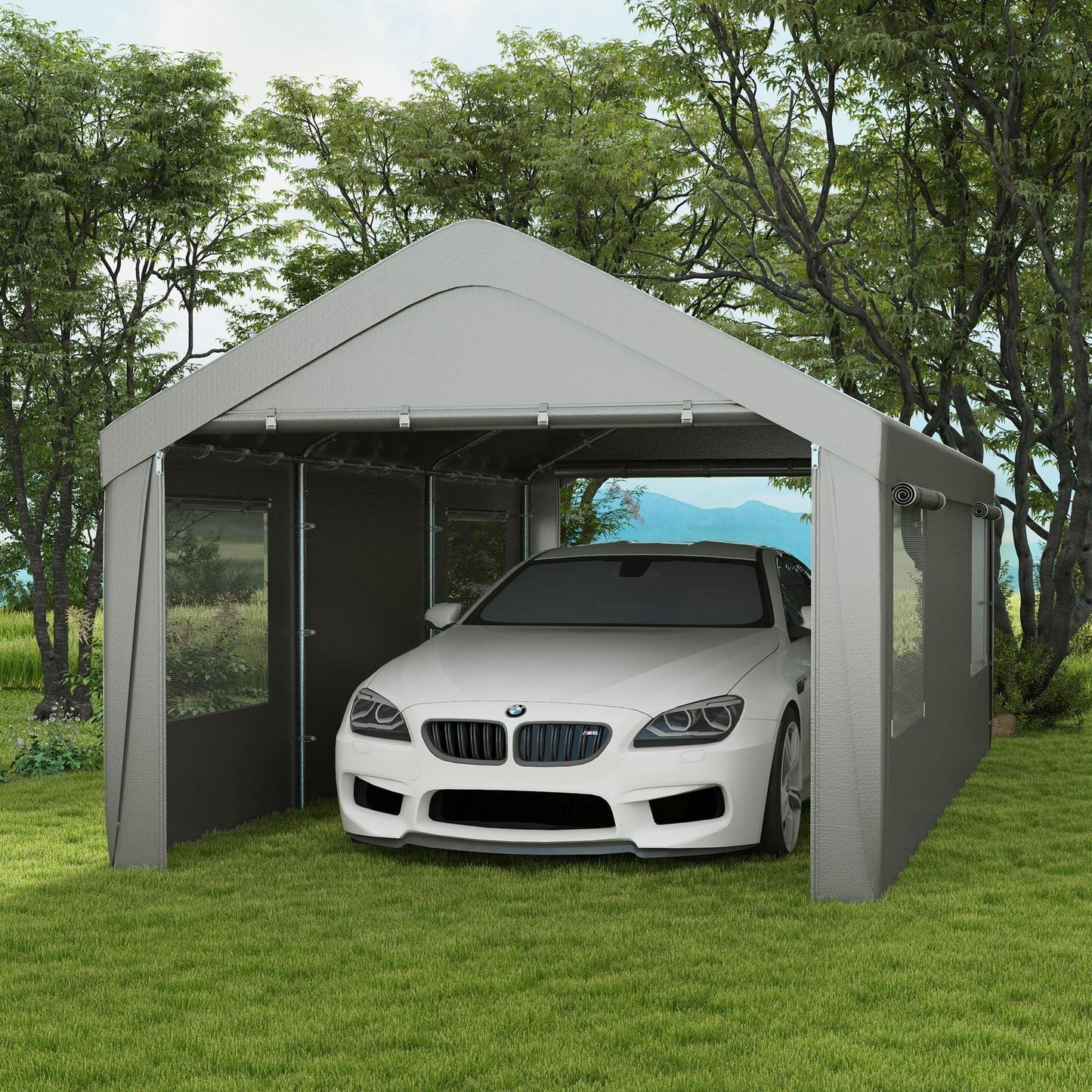 '-Outsunny 10' x 20' Carport, Heavy Duty Portable Garage, with 4 Mesh Windows and 2 Doors, Gray - Outdoor Style Company