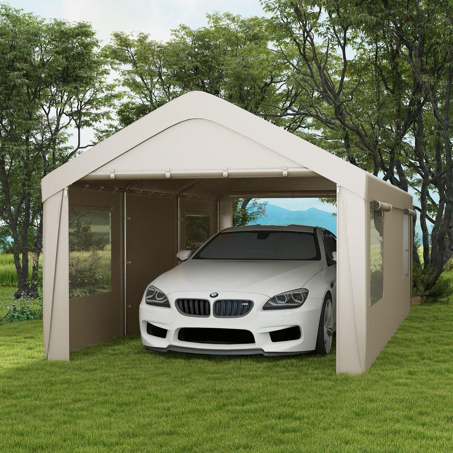 '-Outsunny 10' x 20' Carport, Heavy Duty Portable Garage, with 4 Mesh Windows and 2 Doors, Tan - Outdoor Style Company