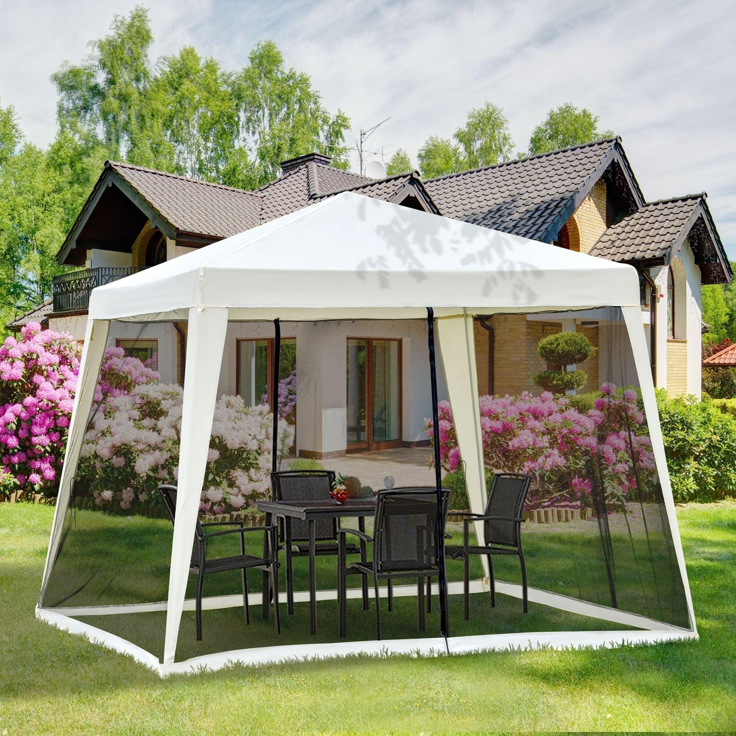 '-Outsunny 10'x10' Outdoor Party Tent Canopy with Mesh Sidewalls, Patio Gazebo Sun Shade Screen Shelter, Beige - Outdoor Style Company