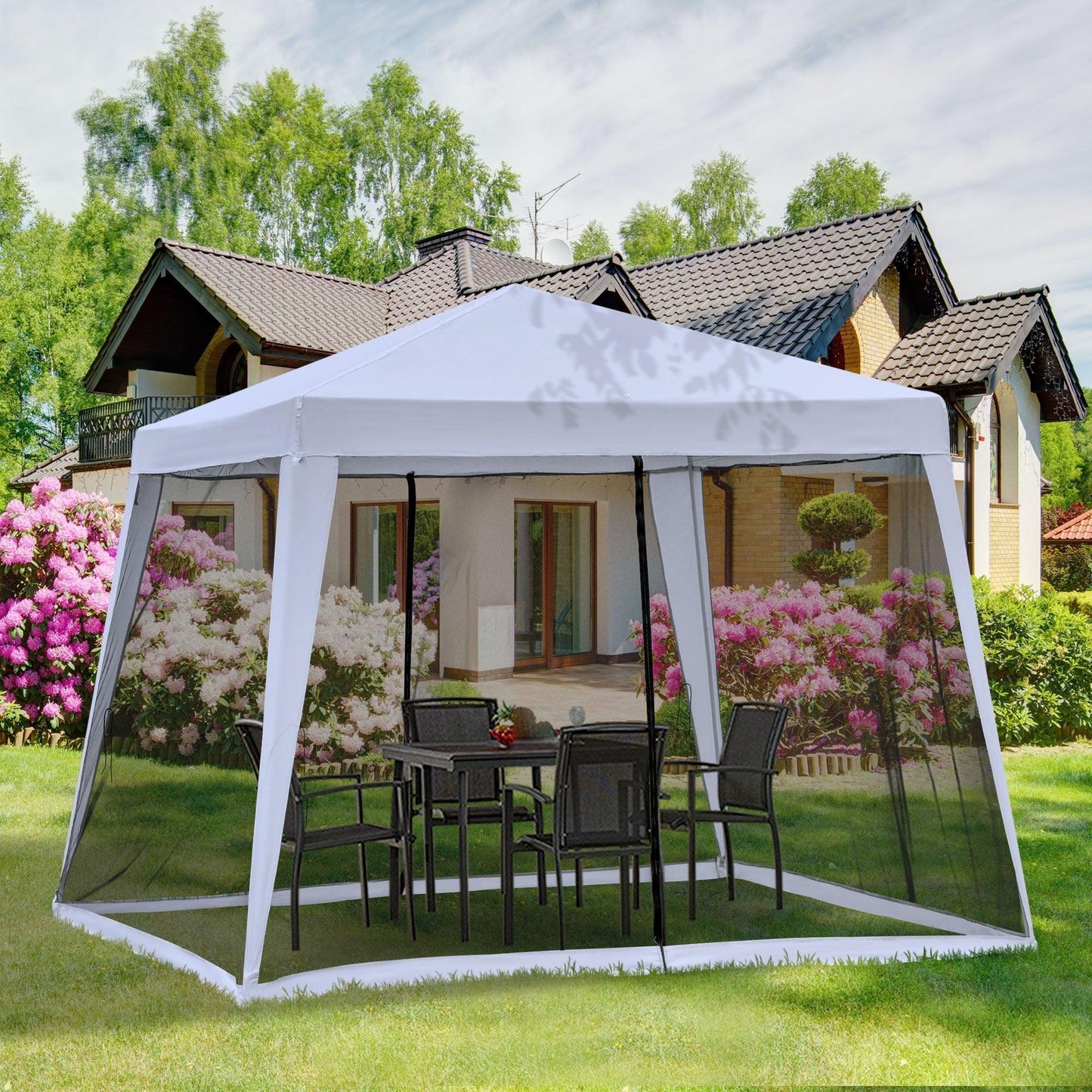 '-Outsunny 10'x10' Outdoor Party Tent with Mesh Sidewalls, Patio Sun Shade Screen Tent, Grey - Outdoor Style Company