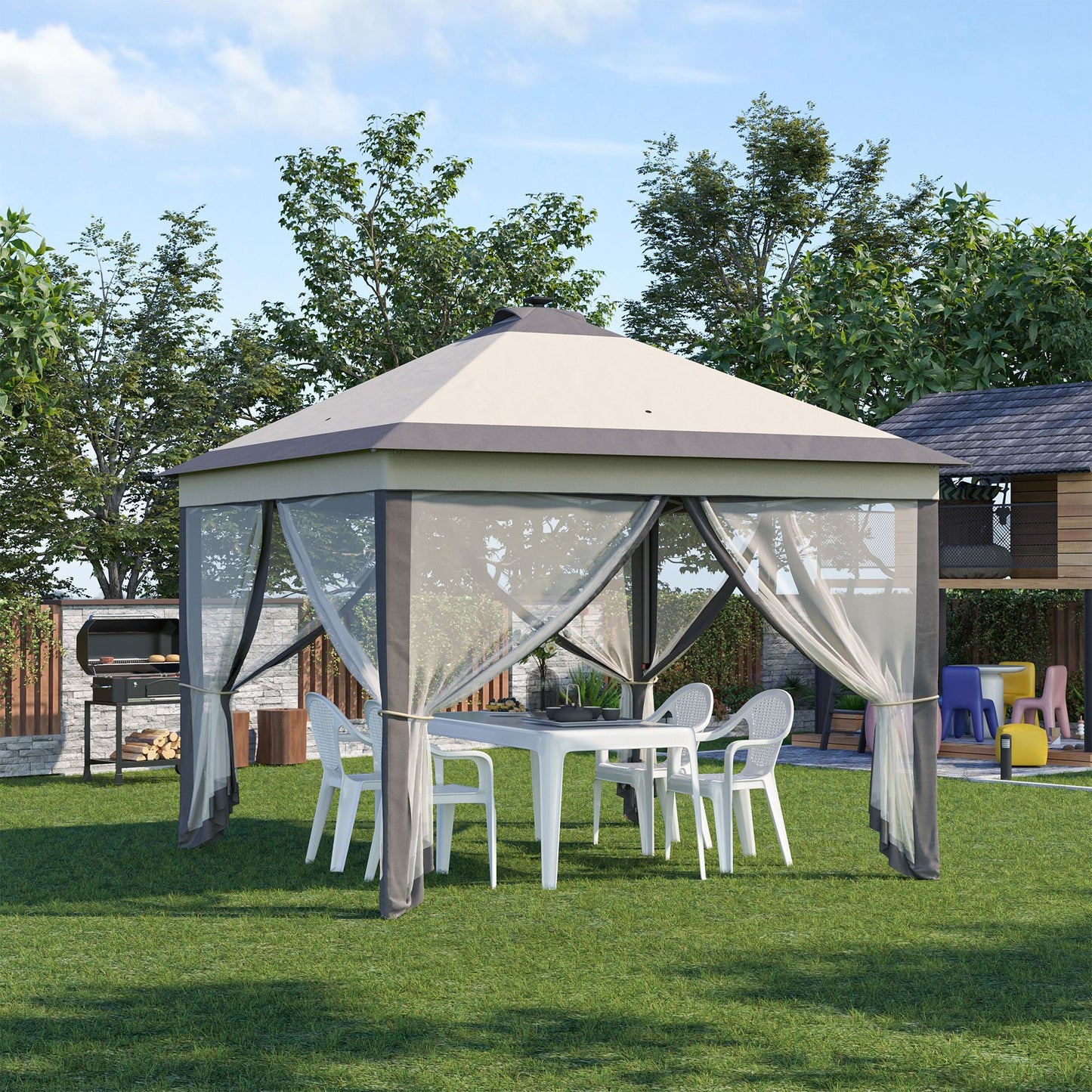 '-Outsunny 11' x 11' Foldable Pop Up Canopy, Tent with Solar LED Light System, Remote Control, Zippered Mesh Sidewalls, Adjustable Height and - Outdoor Style Company