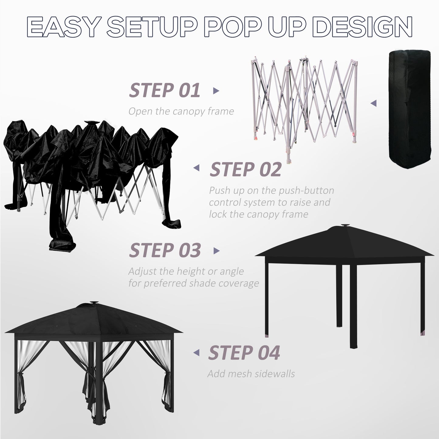 -Outsunny 11' x 11' Pop Up Canopy, Foldable Canopy Tent w/ Solar LED Light System, Remote Control & Adjustable Height for Backyard Garden Patio, Black - Outdoor Style Company