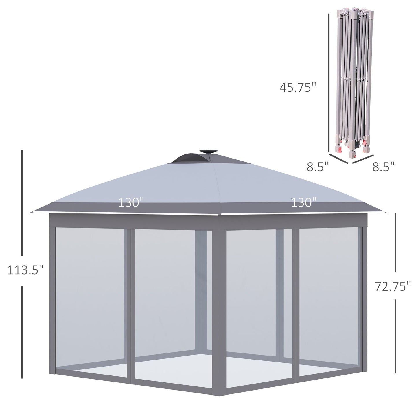 '-Outsunny 11' x 11' Pop Up Canopy, Instant Canopy Tent with Solar LED Lights, Remote Control, Zippered Mesh Sidewalls and Carrying Bag for Backyard Garden Patio, Gray - Outdoor Style Company