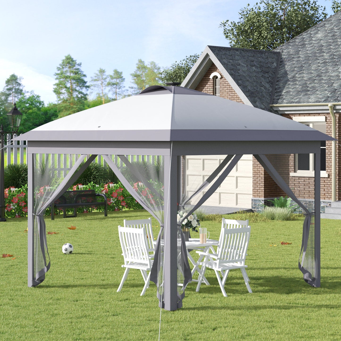 '-Outsunny 11' x 11' Pop Up Canopy, Instant Canopy Tent with Solar LED Lights, Remote Control, Zippered Mesh Sidewalls and Carrying Bag for Backyard Garden Patio, Gray - Outdoor Style Company