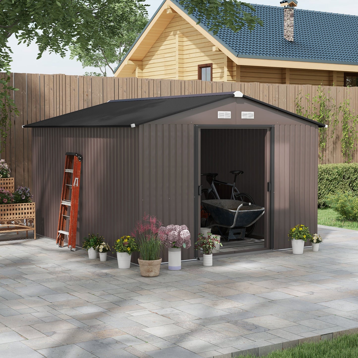 -Outsunny 11' x 9' Outdoor Storage Shed, Garden Tool House with Foundation, 4 Vents and 2 Easy Sliding Doors for Backyard, Patio, Garage, Lawn, Brown - Outdoor Style Company