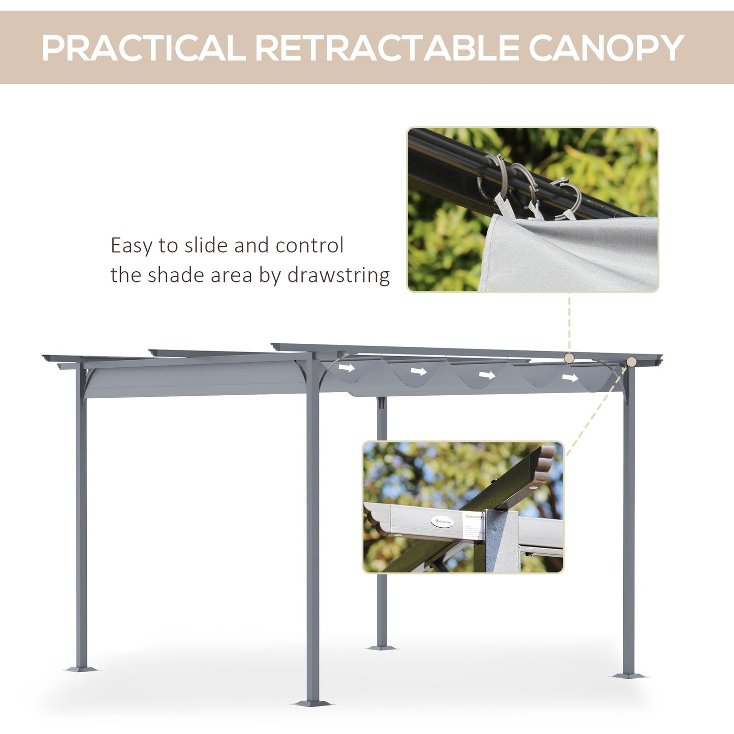 '-Outsunny 11.5' x 11.5' Retractable Patio Gazebo Pergola with UV Resistant Outdoor Canopy & Strong Steel Frame, Gray - Outdoor Style Company