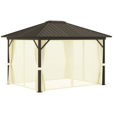 '-Outsunny 11.9" x 9.8" Hardtop Gazebo with Curtains Netting, Metal Roof Gazebo Canopy with Aluminum Frame Top Hook, Cream - Outdoor Style Company