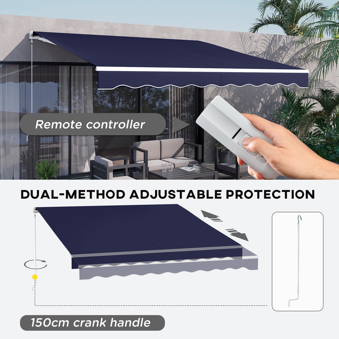 '-Outsunny 12' x 10' Electric Retractable Awning Sunshade Shelter with Remote Controller, Crank Handle for Deck Balcony Yard, Blue - Outdoor Style Company